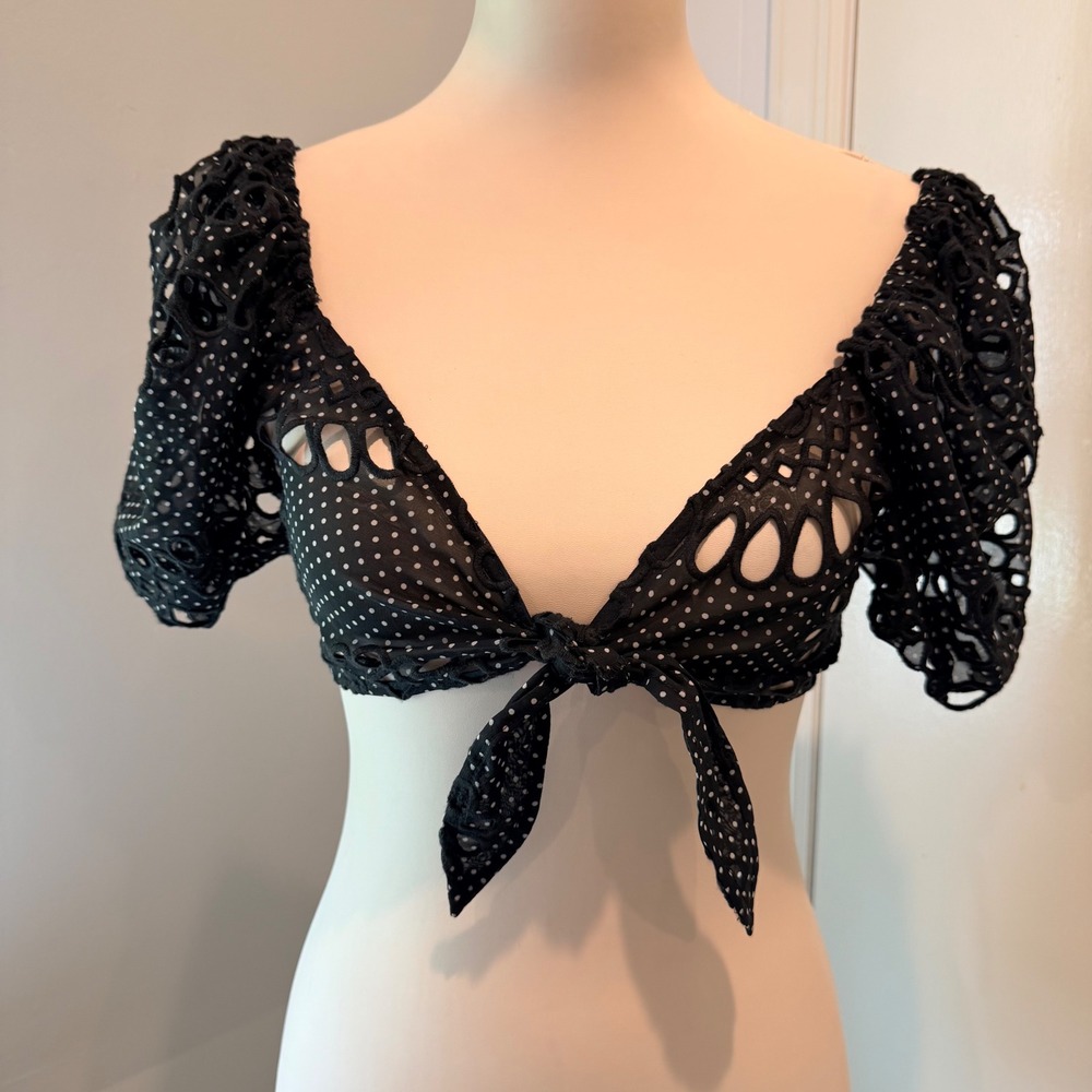 For Love & Lemons Black Polka Dot Eyelet Tie Front Cover Up Top | Size S NWT